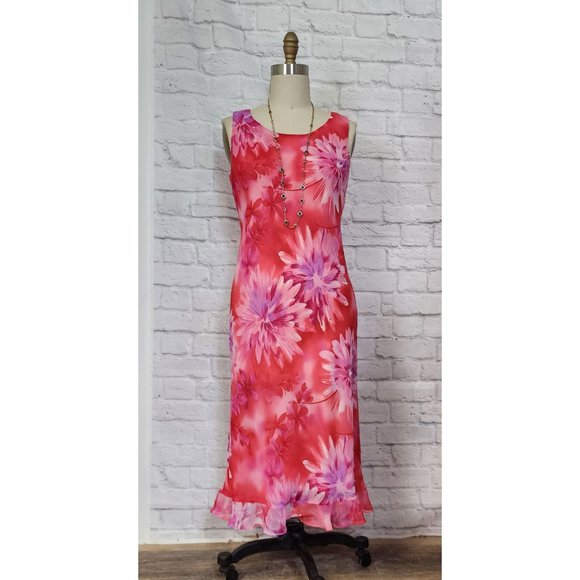 90s Y2K Bias Cut Slip Dress ruffle hot pink Fuschia floral midi L 12 - Picture 4 of 4